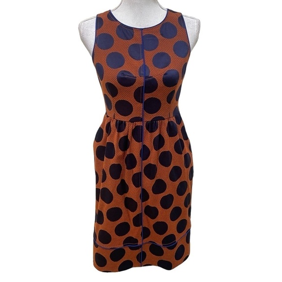 Maeve navy & rust dot sleeveless dress lined cross open back trim side zip sz 2 - Picture 2 of 13